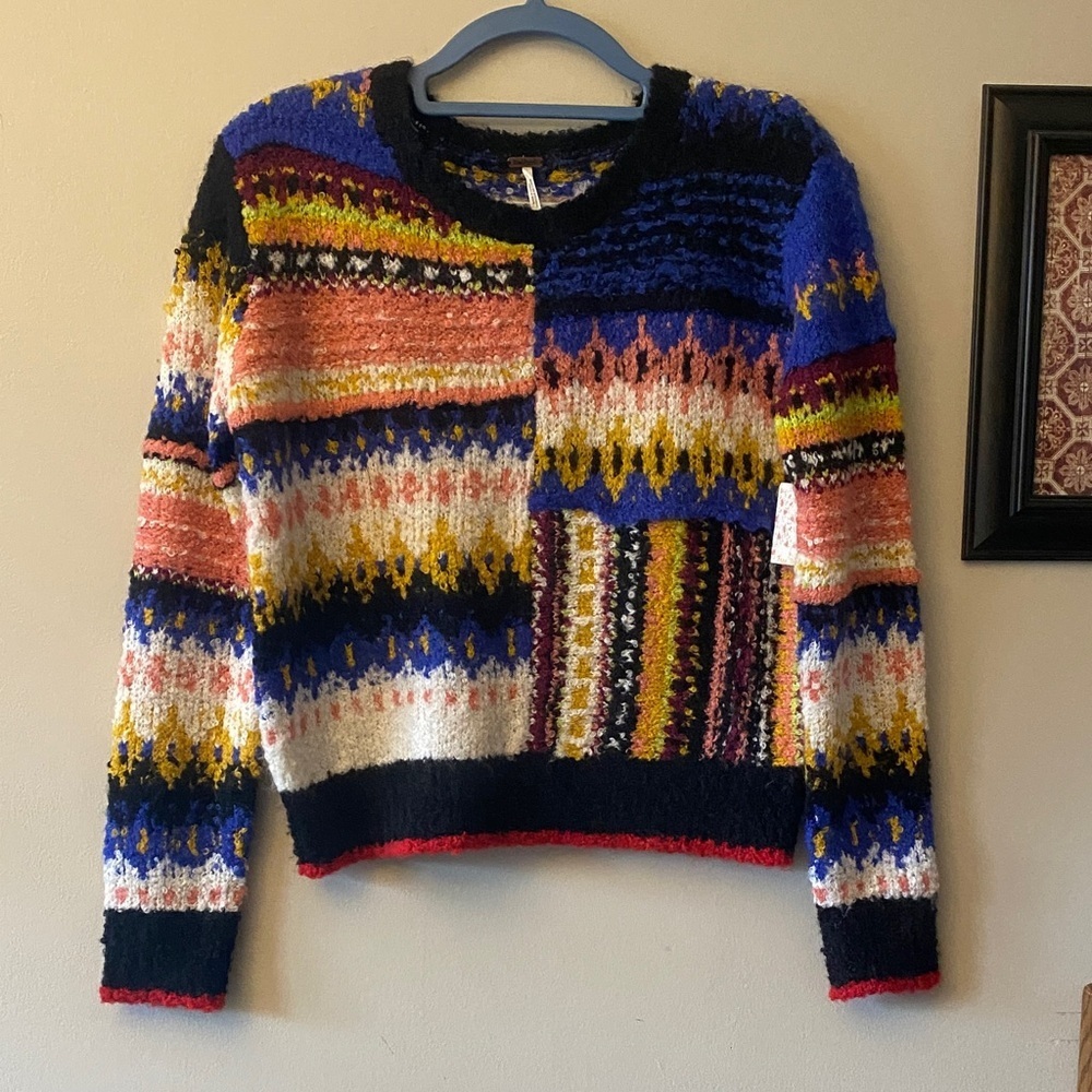 Free People Best Day Ever novelty sweater featuring colorful patchwork design 🆕 - Picture 3 of 12